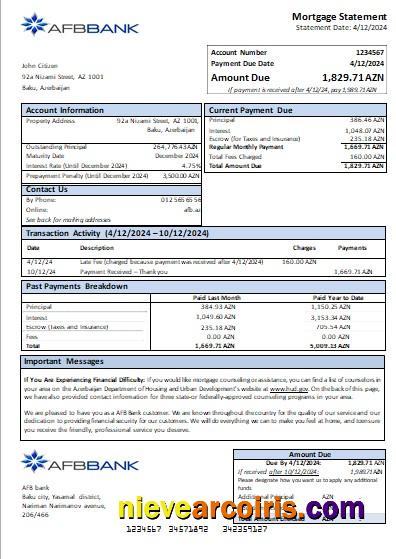 Azerbaijan AFB bank mortgage statement